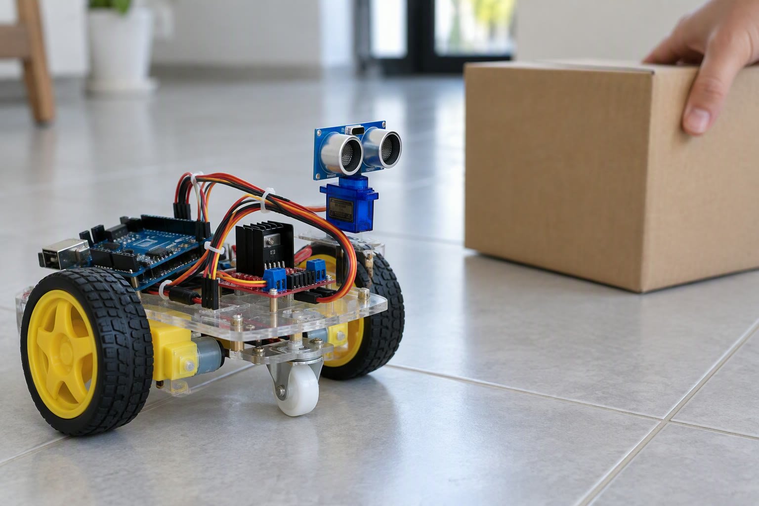 Small two-wheel Arduino robot with an ultrasonic sensor on a micro servo driving on a tiled floor