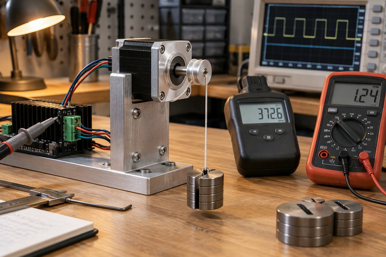 Stepper motor on a test rig with a pulley, weight and oscilloscope measuring torque at different speeds