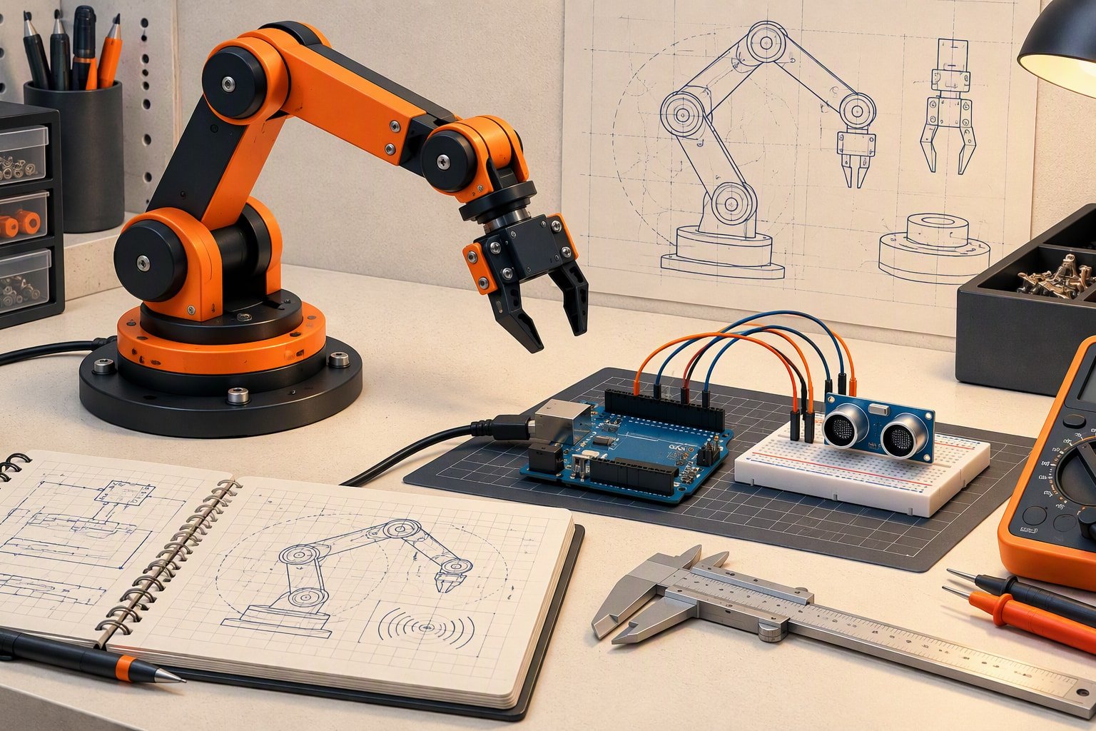 Technical illustration of a robot arm on an engineering workbench beside a wiring diagram