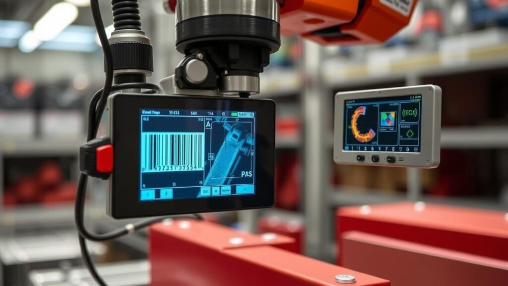 Close-Up of a Robotic Vision System Analyzing a Product