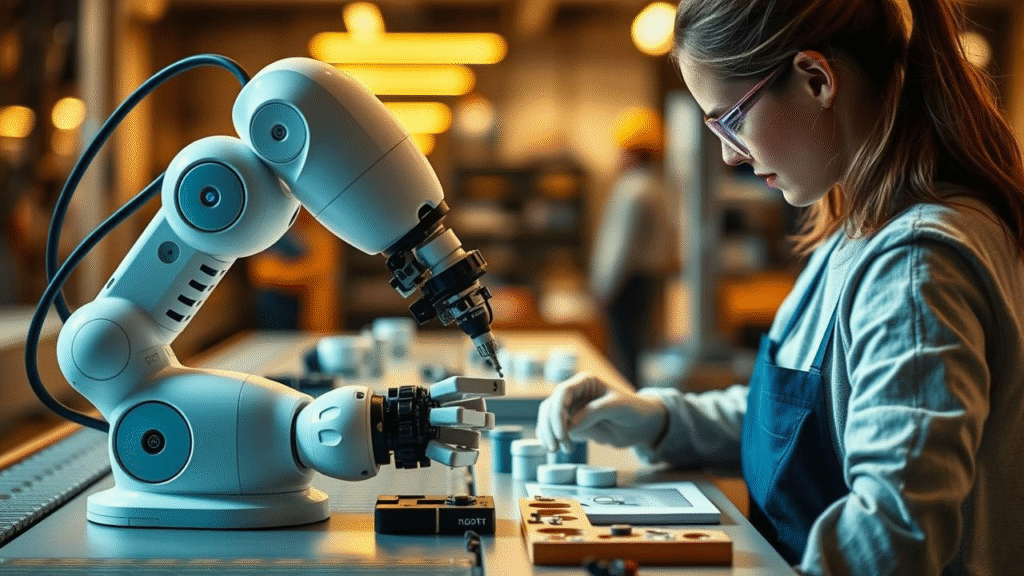 Close-Up of a Collaborative Robot Assisting a Human Worker