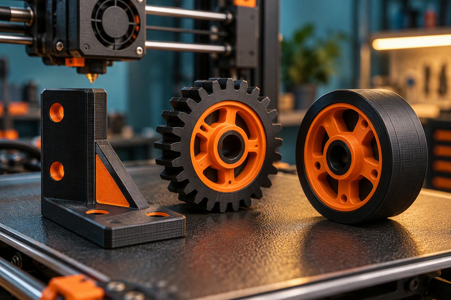 3D printed robot bracket and gears on a printer bed