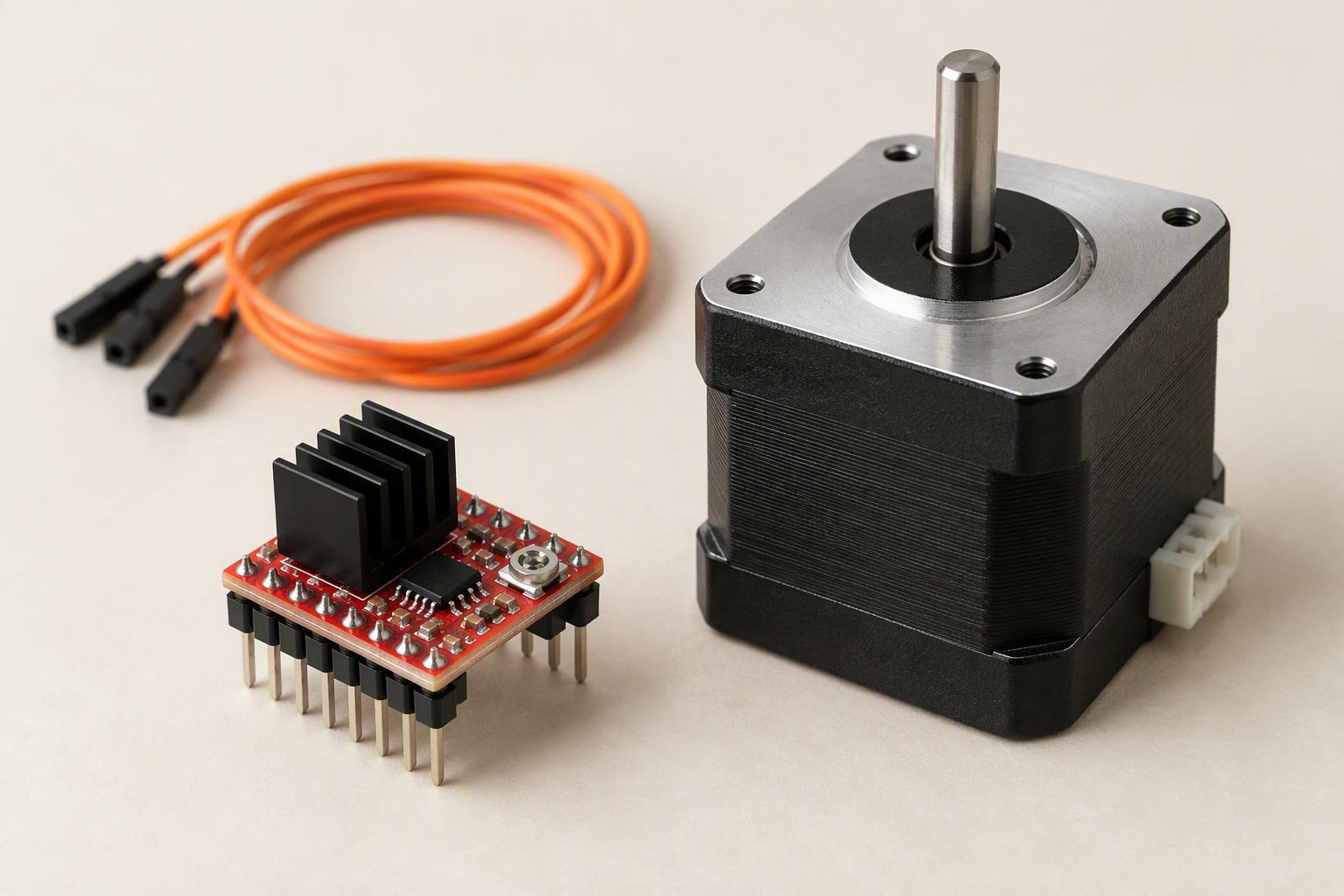 A4988 stepper driver module with heatsink beside a NEMA 17 stepper motor on an off-white studio surface