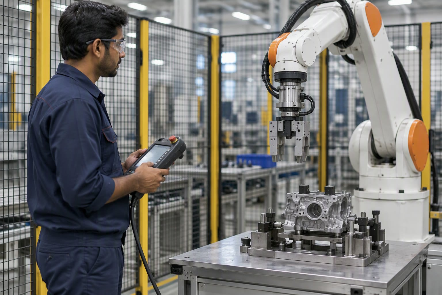 Technician holding a robot teach pendant beside a six-axis industrial robot behind a safety fence