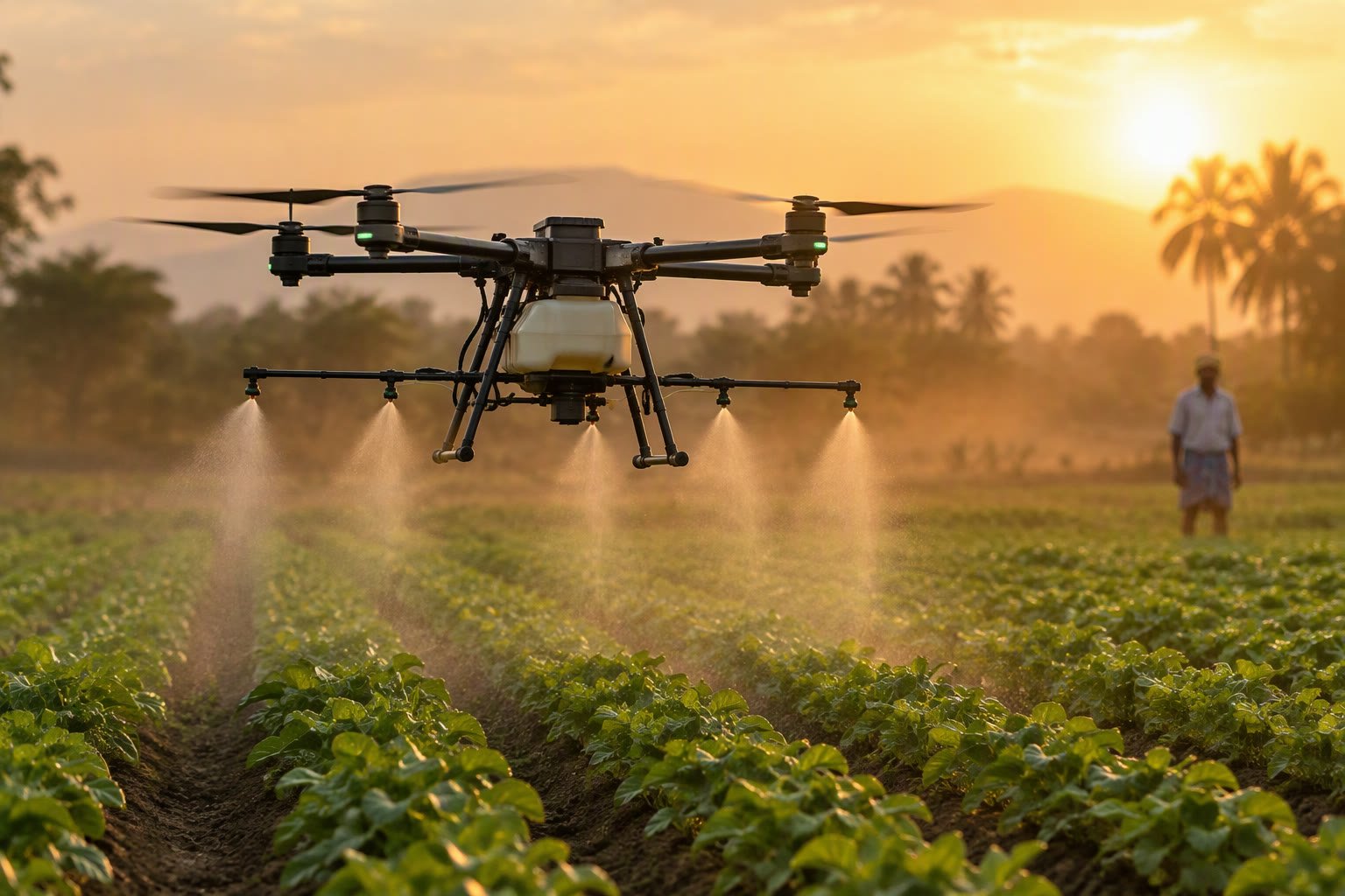 Agricultural spray drone hovering over green crop rows at sunset