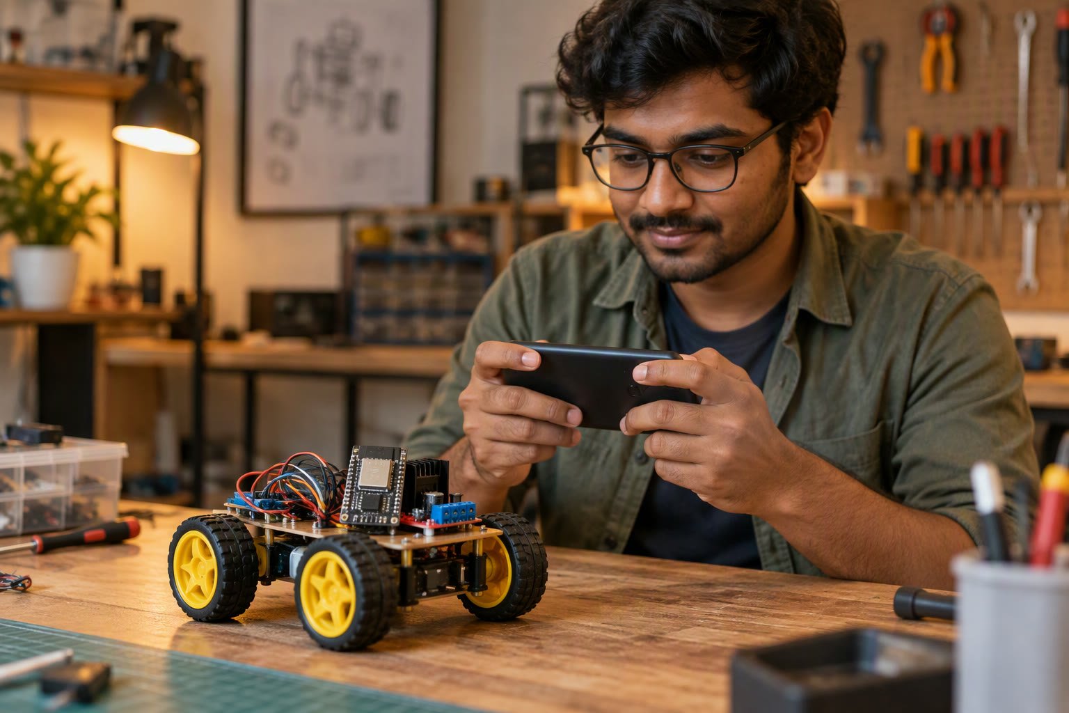 Engineer holding a phone while controlling a small robot in a workshop