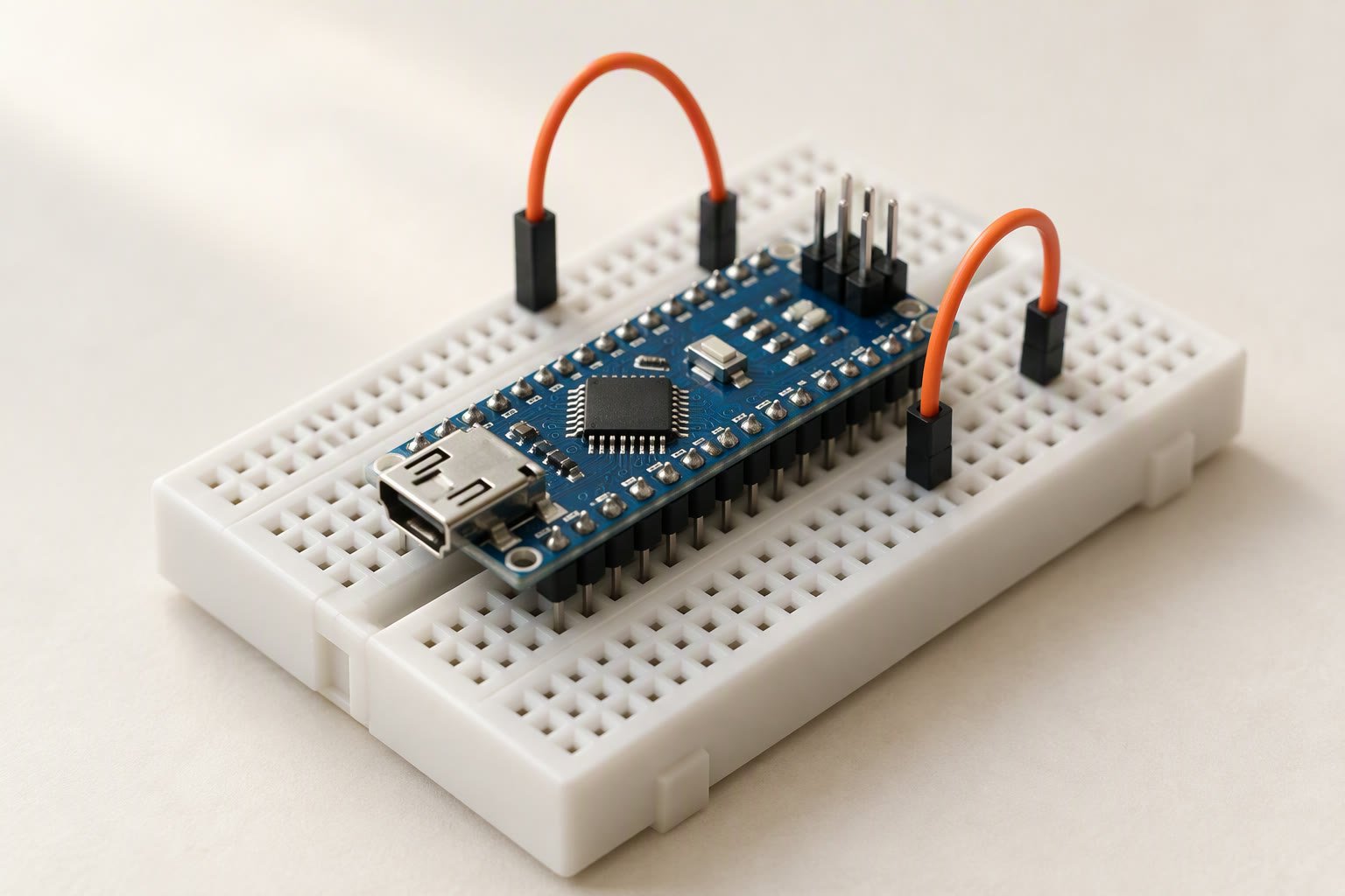 Arduino Nano style board on a breadboard with orange jumper wires on an off-white studio surface