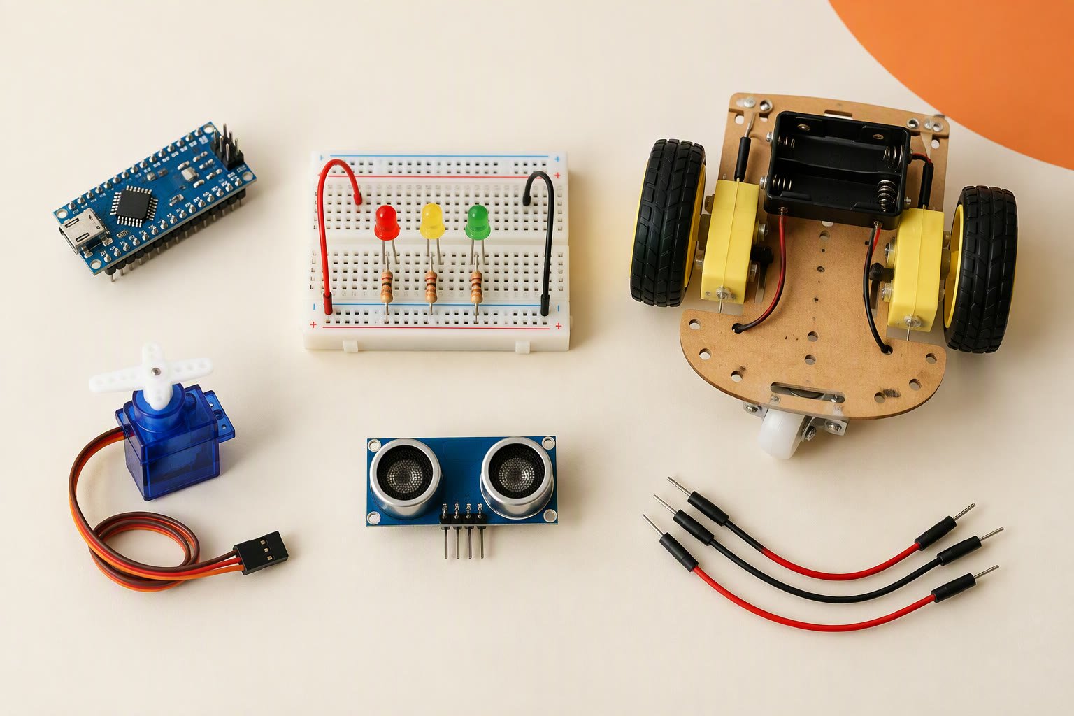 Arduino Uno on a breadboard with LEDs, a servo and jumper wires on a workbench