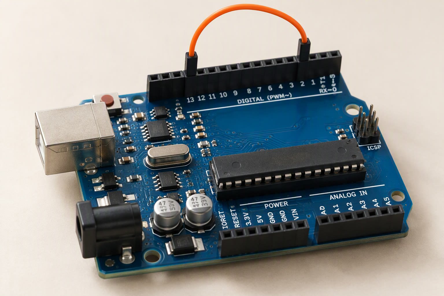Arduino Uno board with orange jumper wires highlighting the pin headers