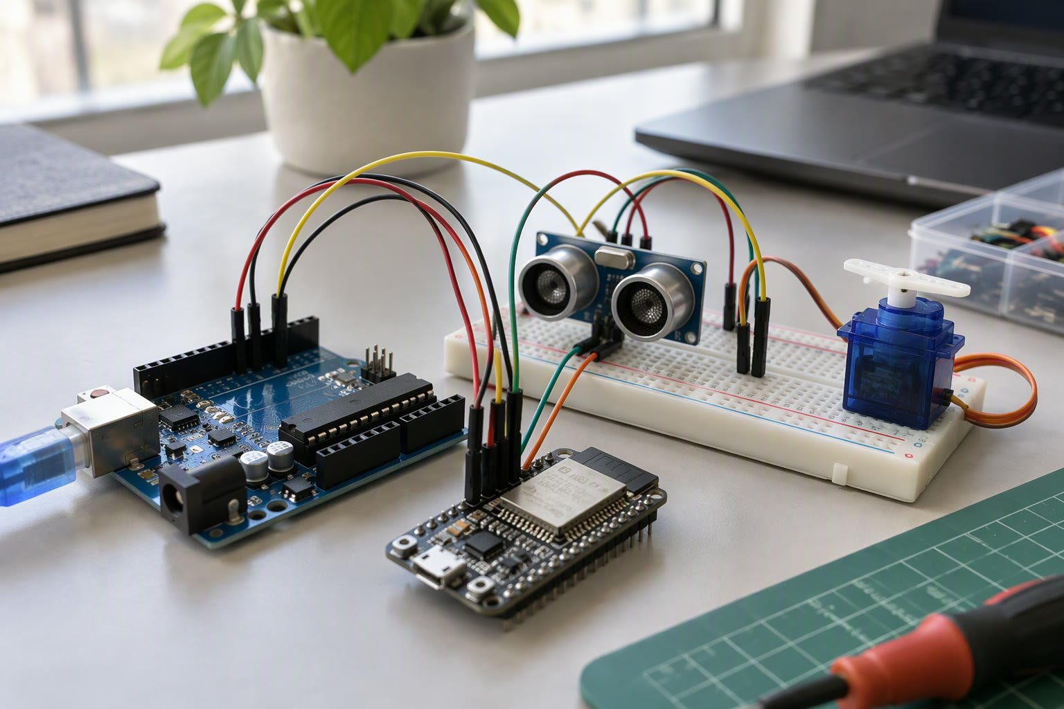 Arduino Uno and ESP32 boards wired to a breadboard with an ultrasonic sensor and servo