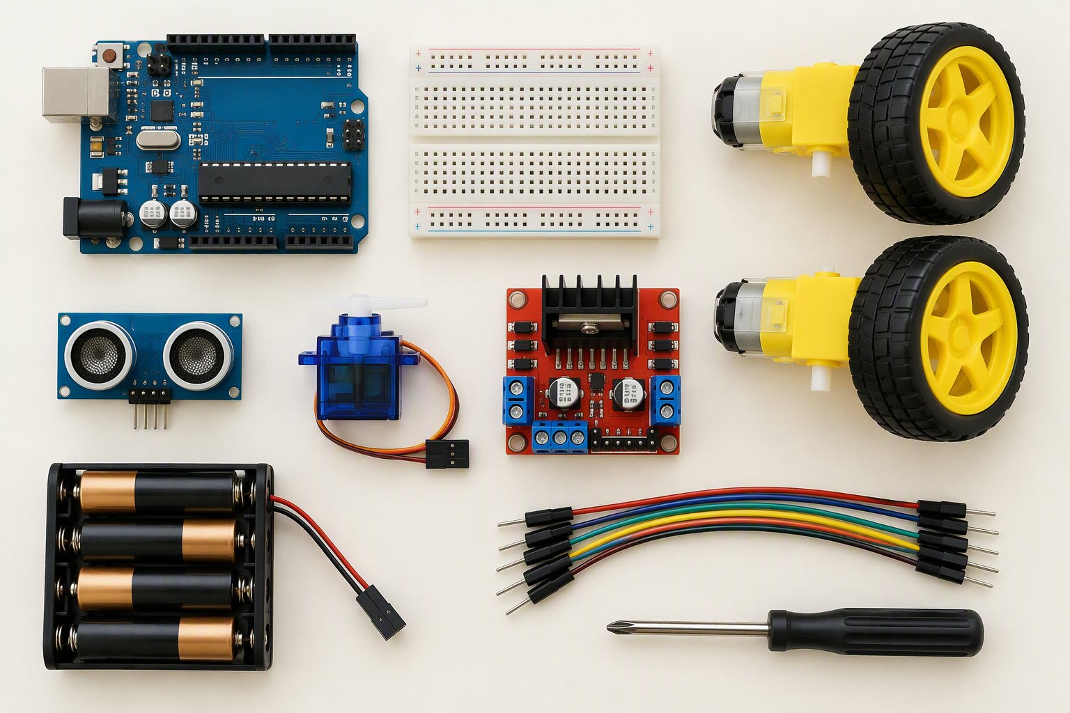Flat lay of an Arduino robotics kit with motors, wheels, sensors and jumper wires
