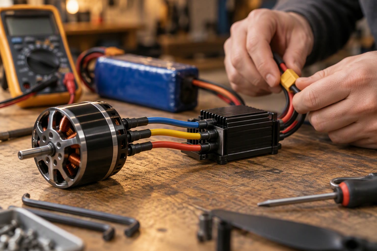 Brushless motor connected to an electronic speed controller on a workbench