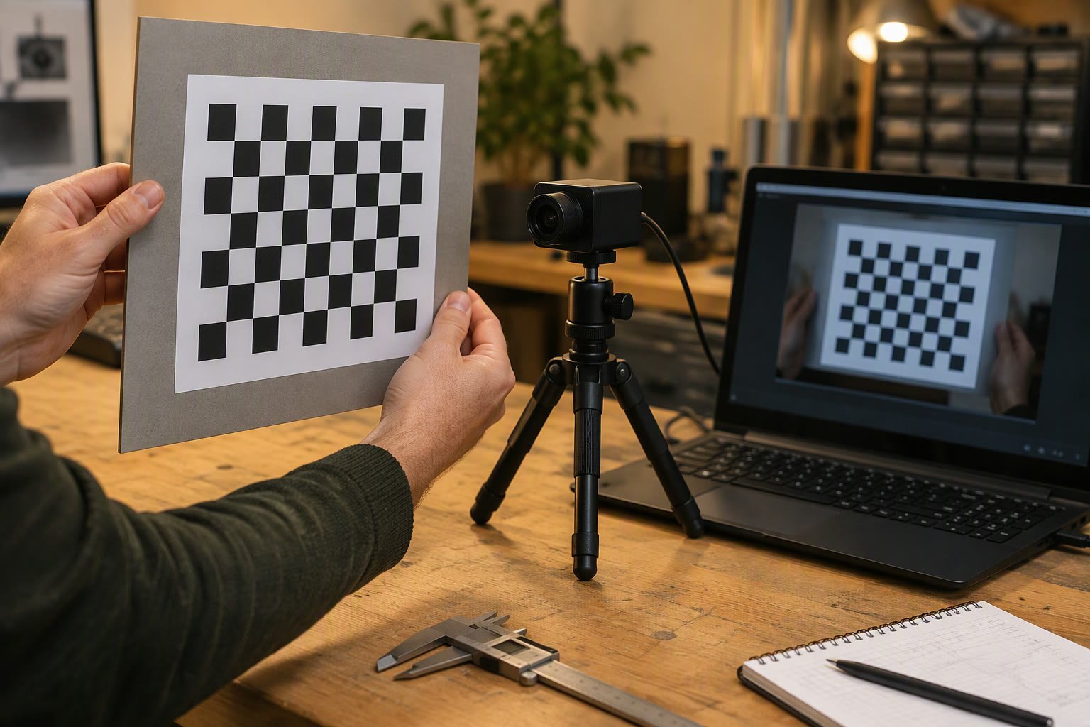 Printed chessboard calibration target held in front of a robot camera on a workbench