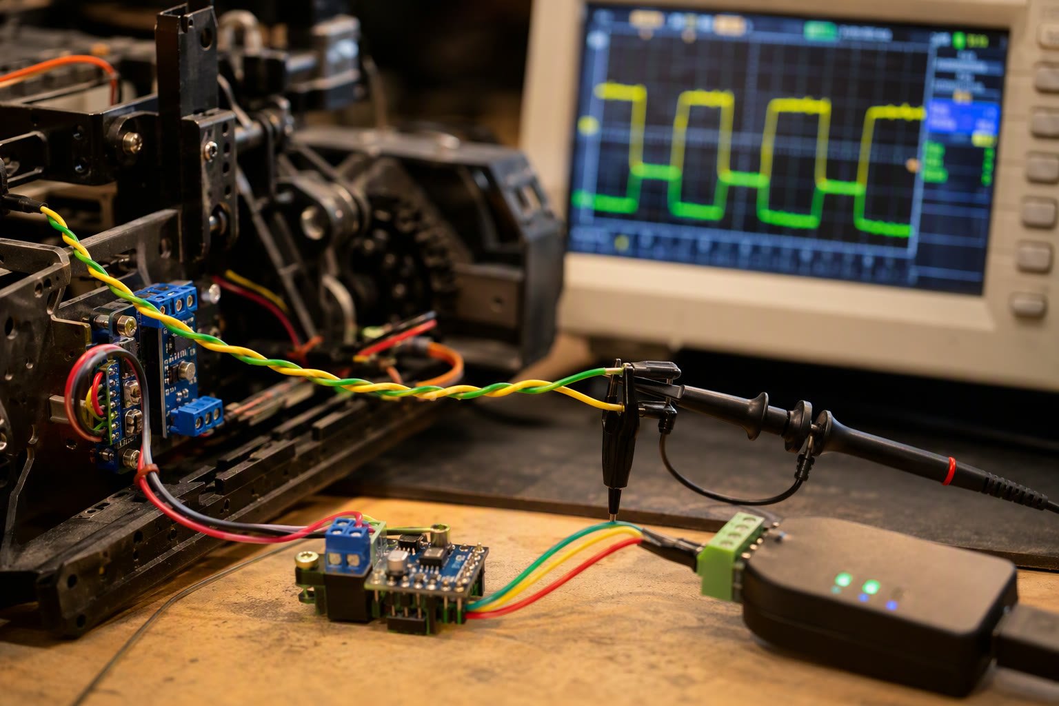 Twisted CAN bus pair with termination resistors and a USB-CAN adapter on a robot workbench