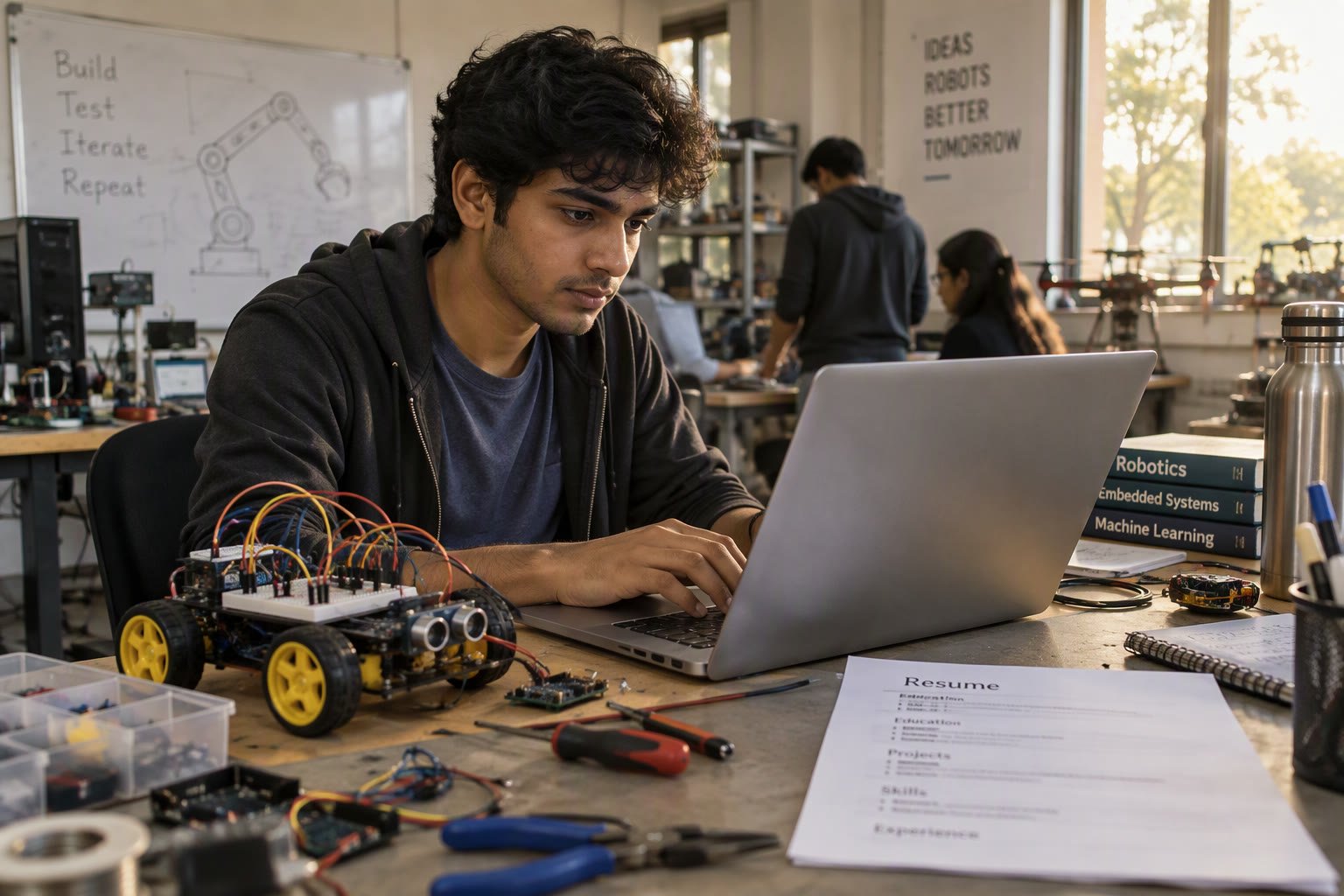 Student discussing a robot prototype with a mentor in a lab