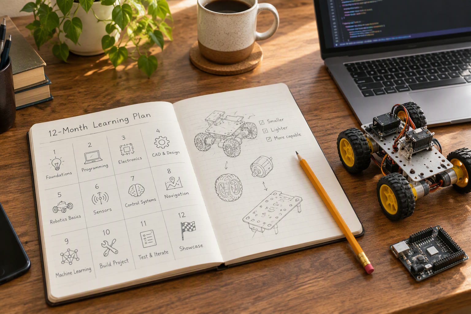 Engineer reviewing a learning plan beside a robot chassis