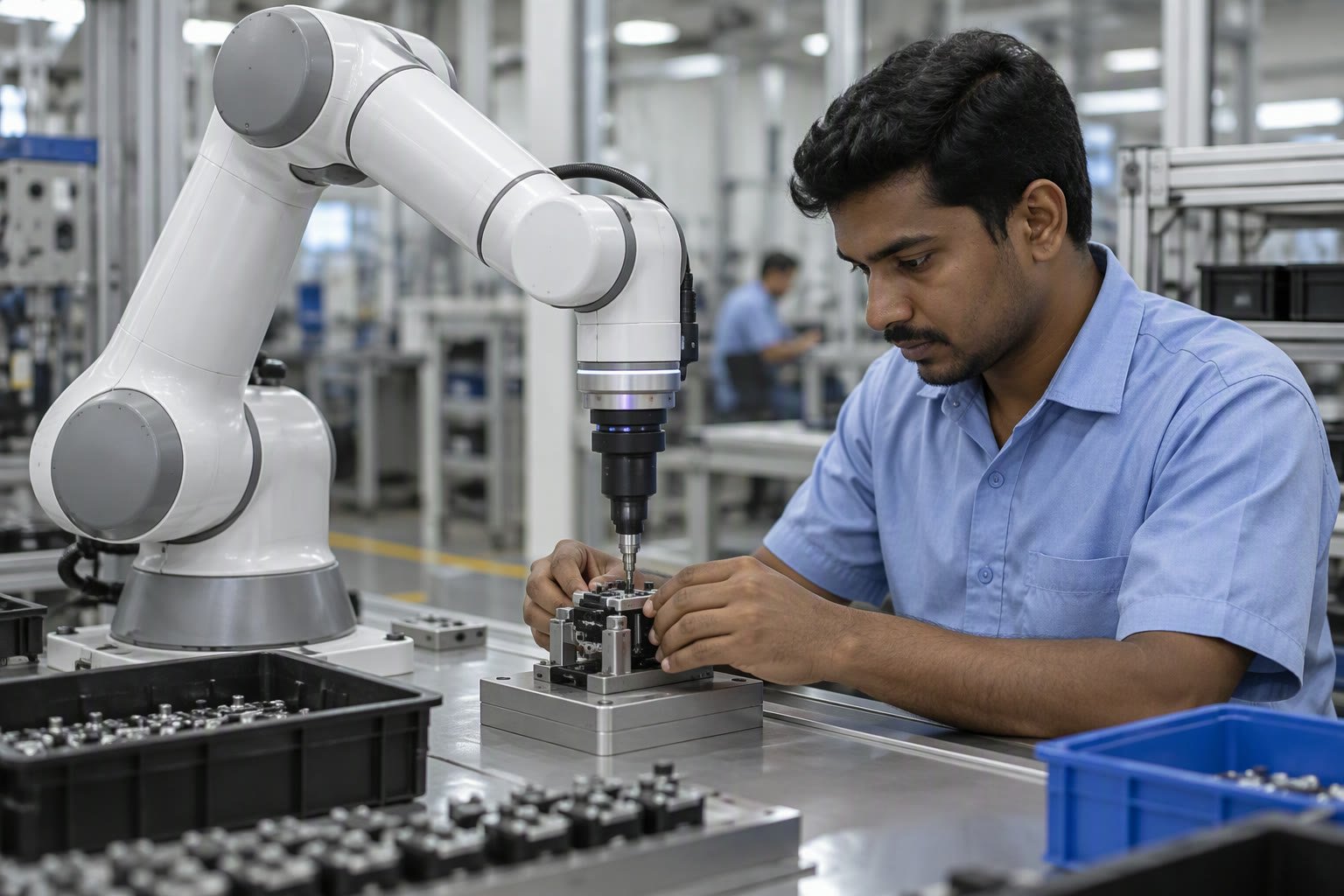 Collaborative robot arm working beside an operator at an assembly bench