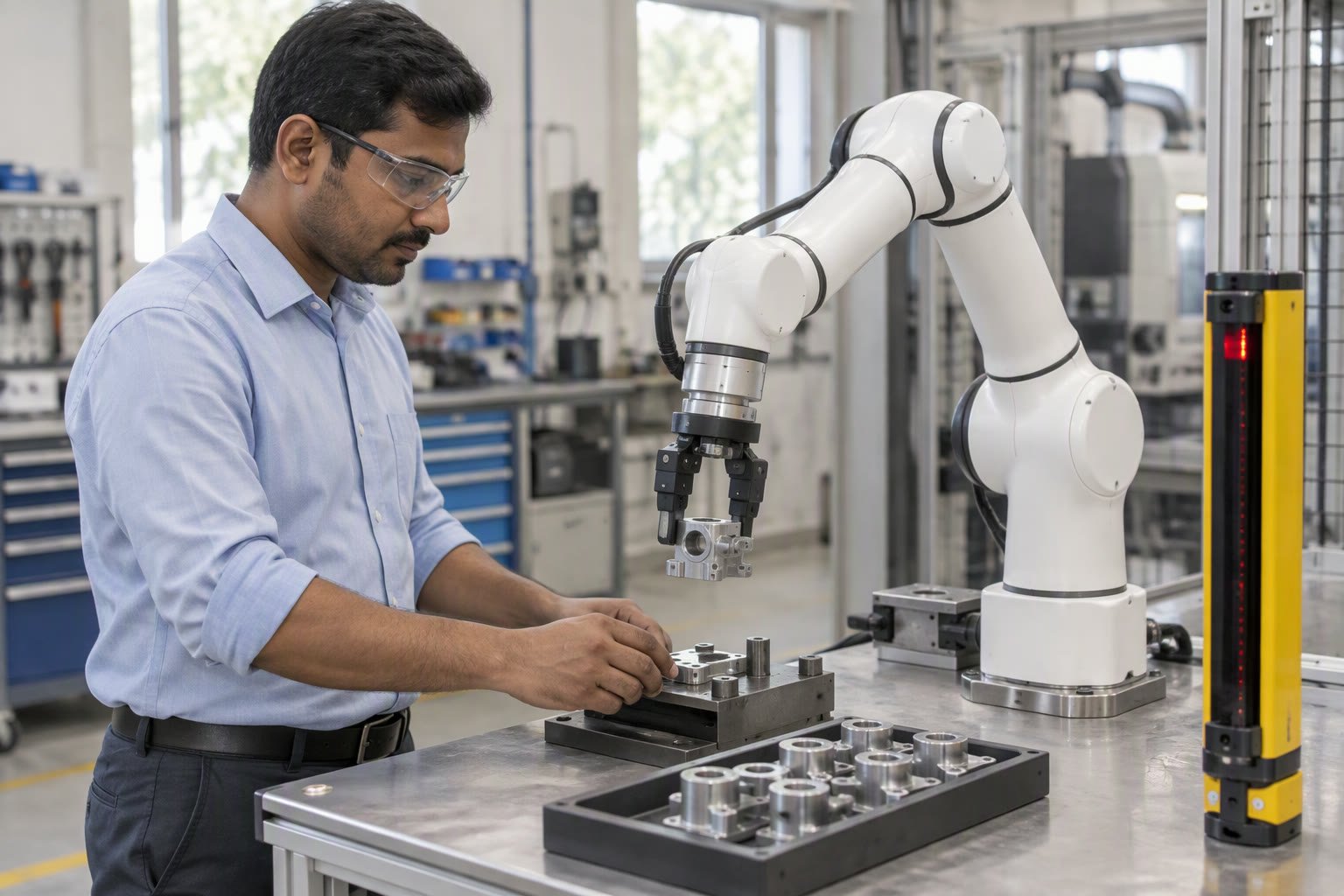 Cobot sharing a workstation with an operator behind a safety scanner
