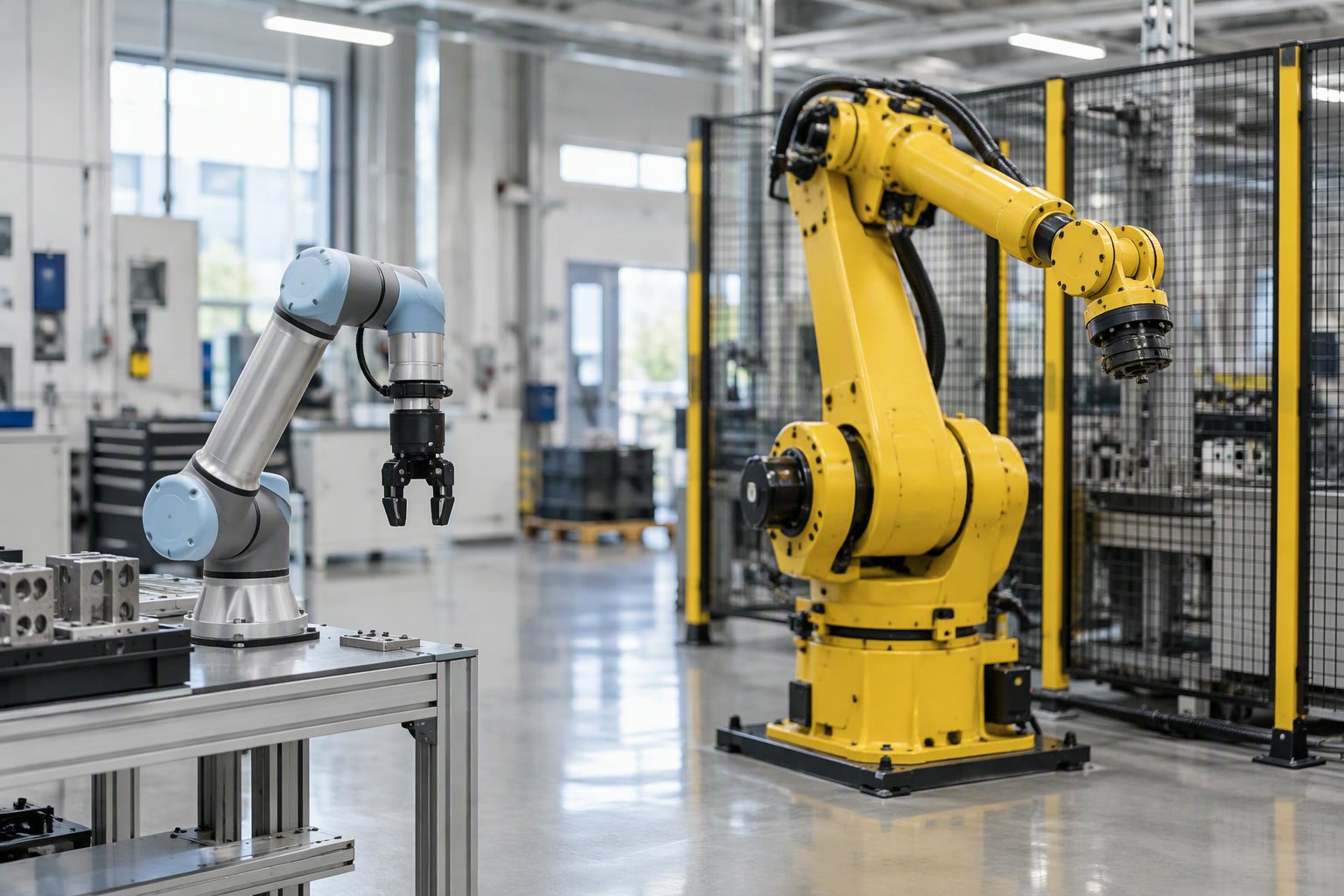 Collaborative robot arm and industrial robot arm side by side on a factory floor