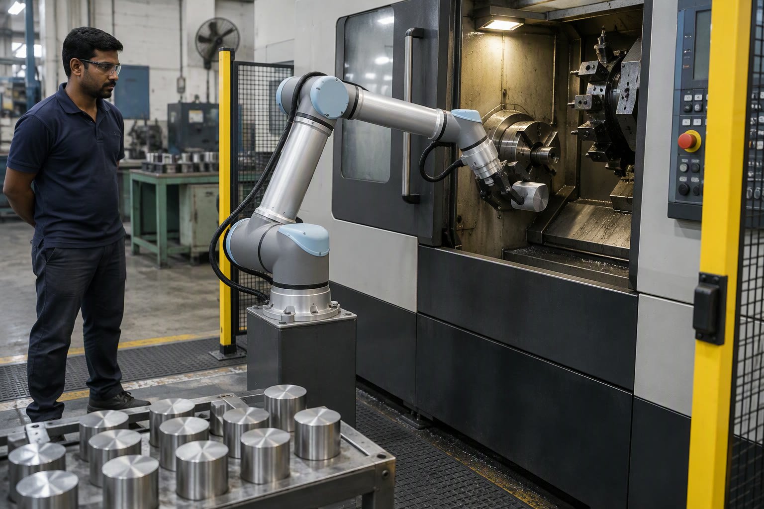 Collaborative robot arm loading a blank into a CNC machine in an Indian machine shop