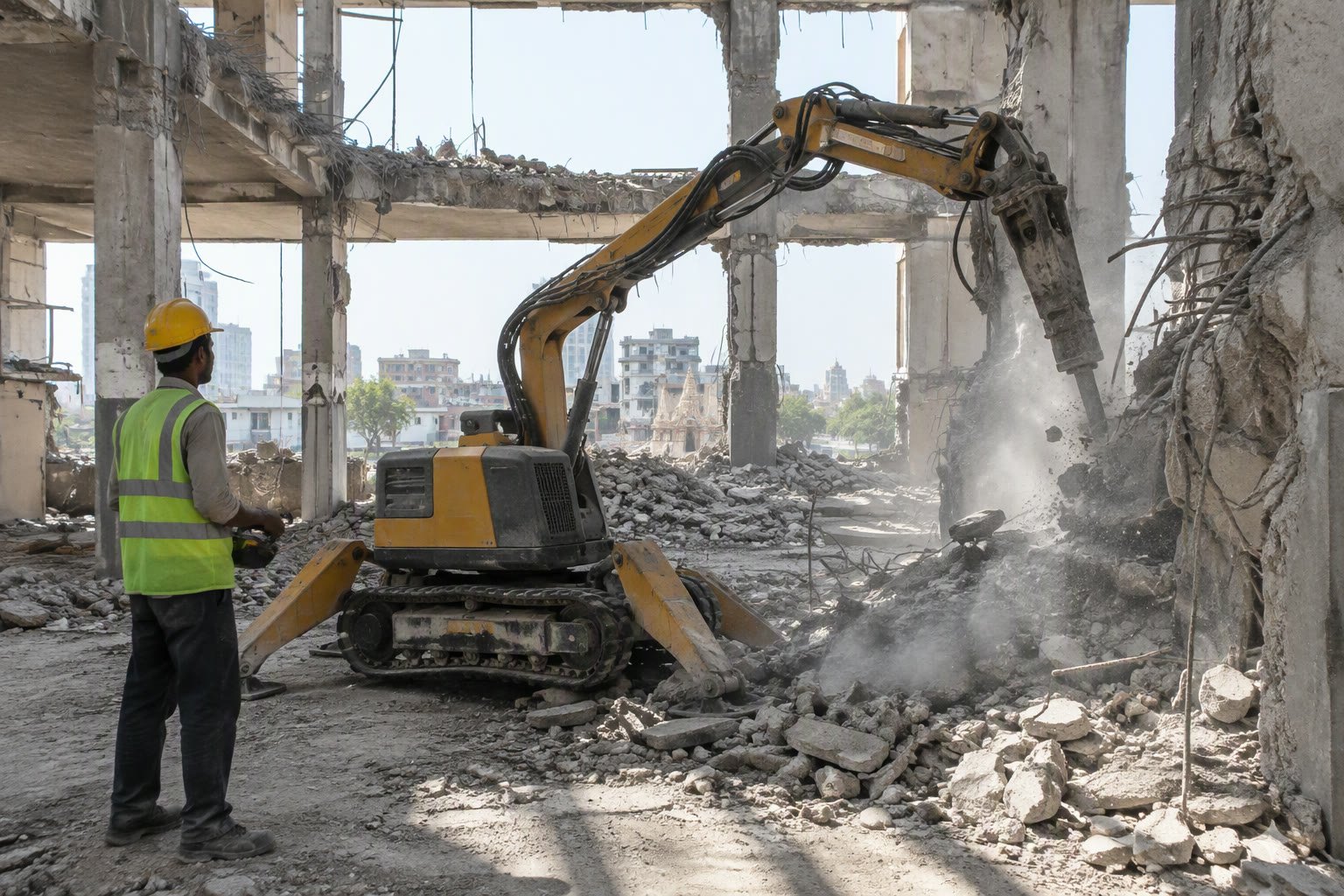 Demolition robot working inside a concrete building structure