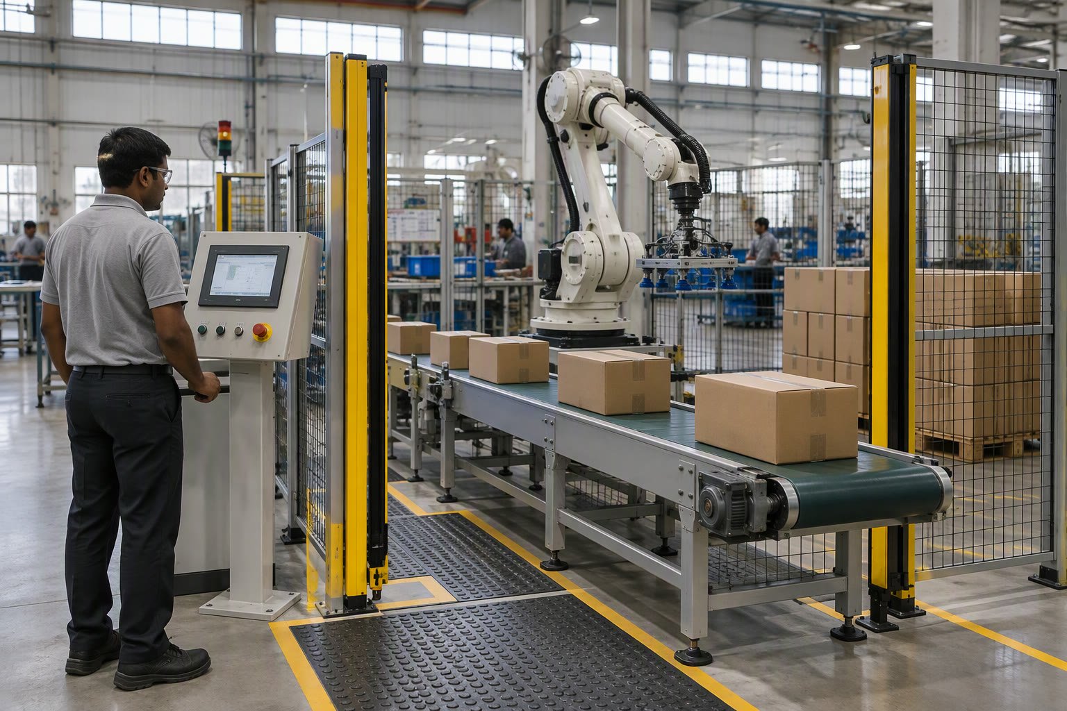 Industrial robot arm beside a short flat belt conveyor with light curtain posts in a factory