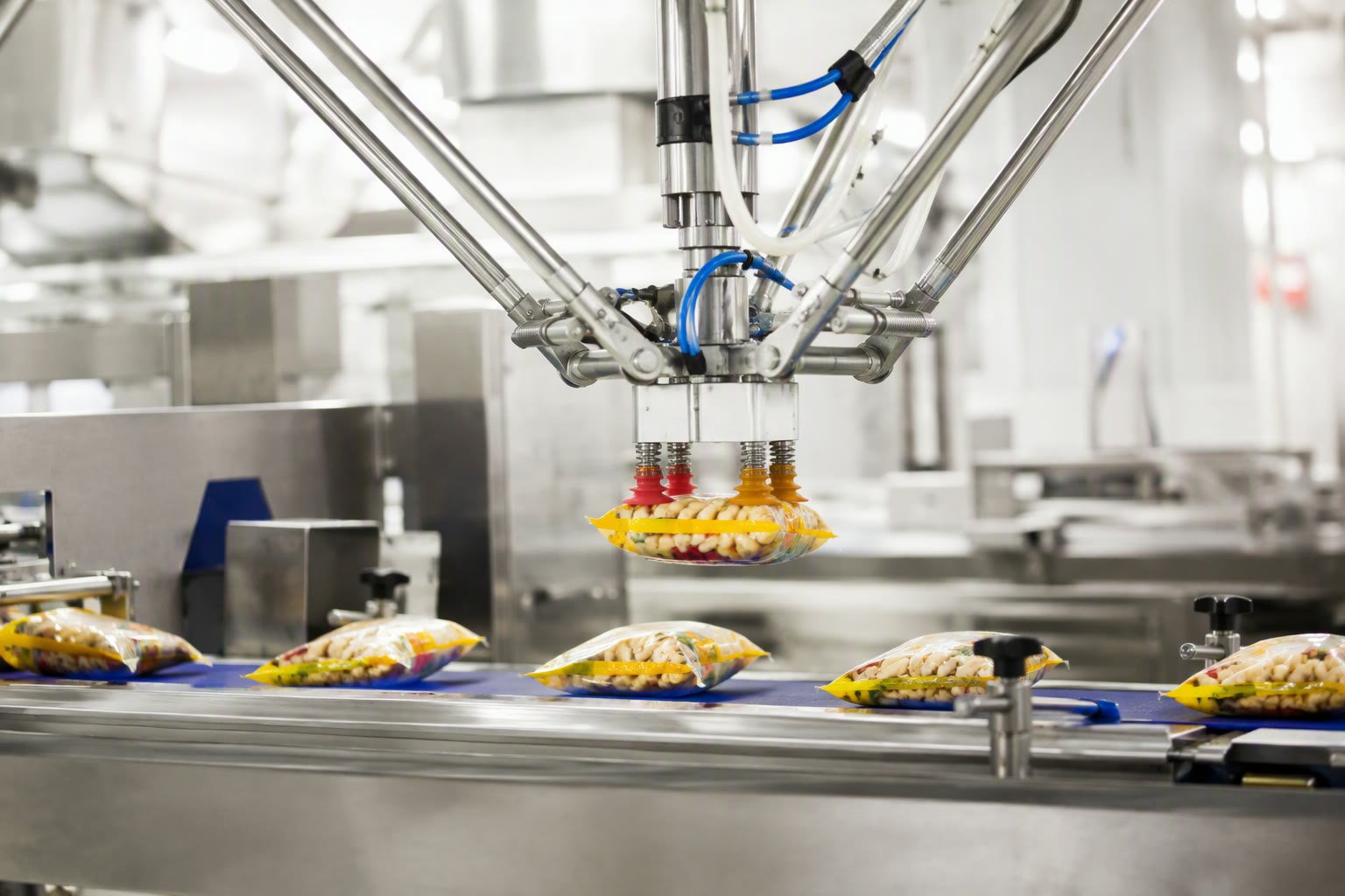 Delta robot placing snack pouches on a conveyor in a food factory