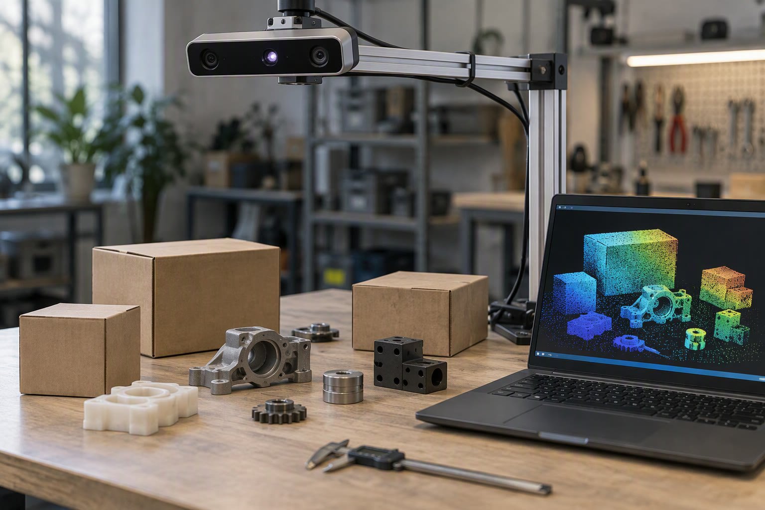 Depth camera mounted on an extrusion arm above a table with boxes and a point cloud on a laptop