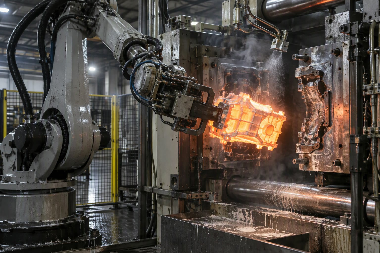 Robot extracting a glowing aluminium casting from an open die