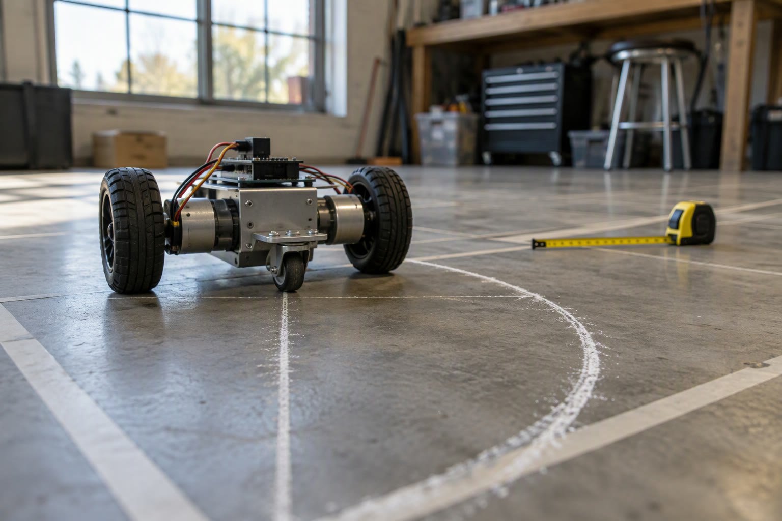 Small differential-drive robot beside chalk distance marks and a tape measure on a grid floor