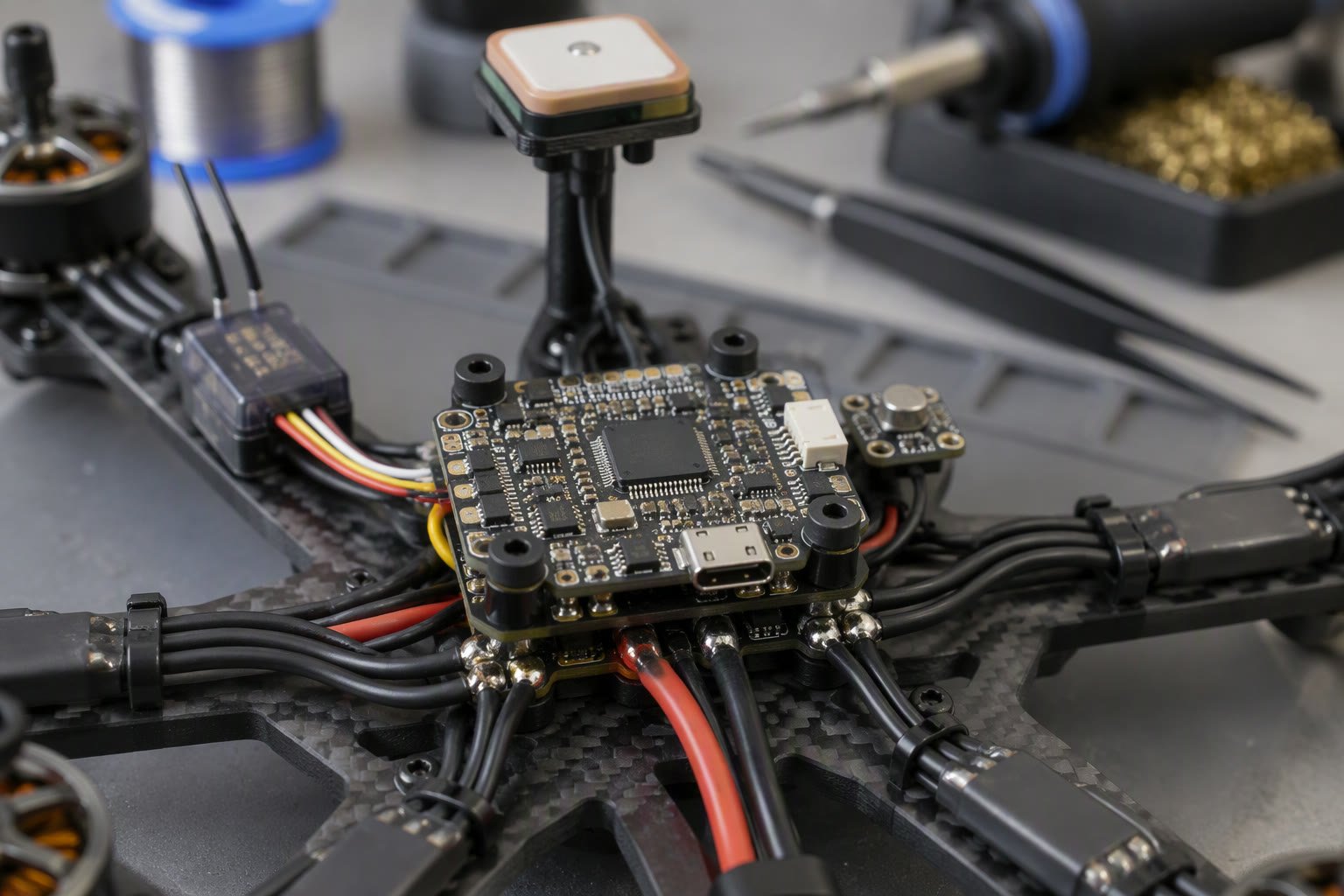 Flight controller board mounted on a carbon fibre drone frame