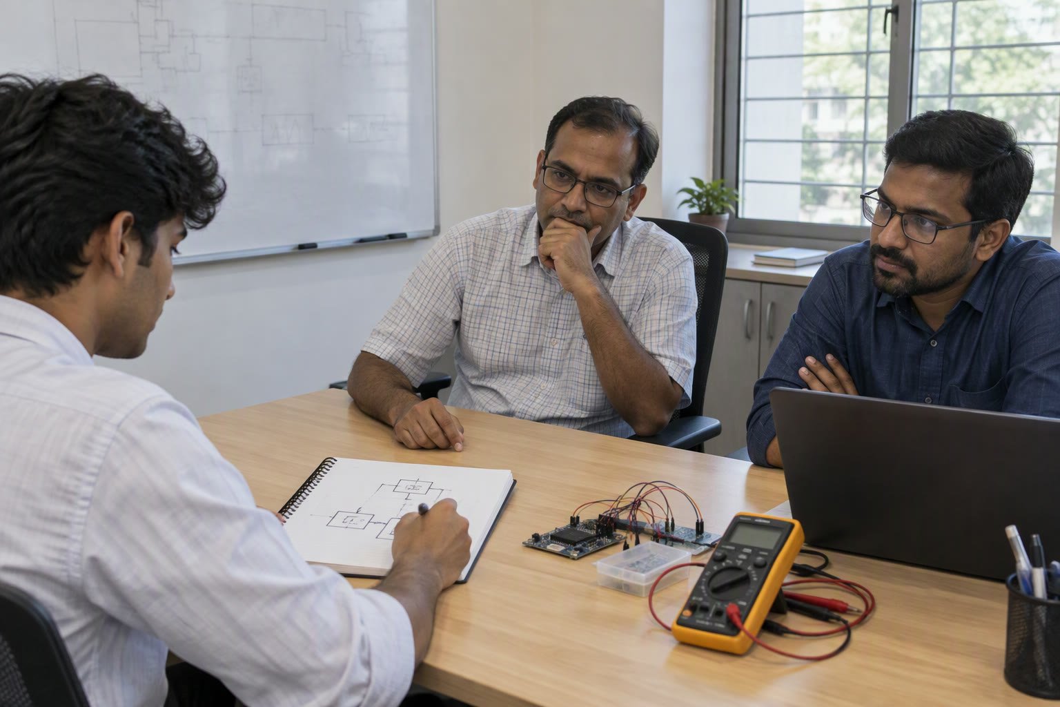 Engineer explaining a microcontroller board during a technical interview in a lab