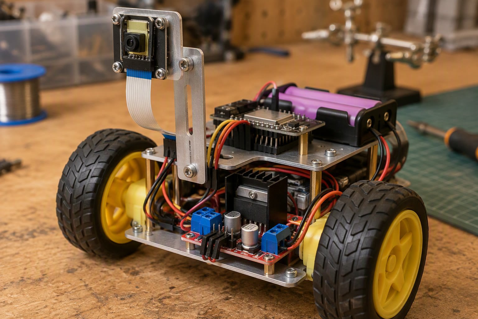 ESP32-CAM module mounted above a small two-wheel robot chassis on a workbench