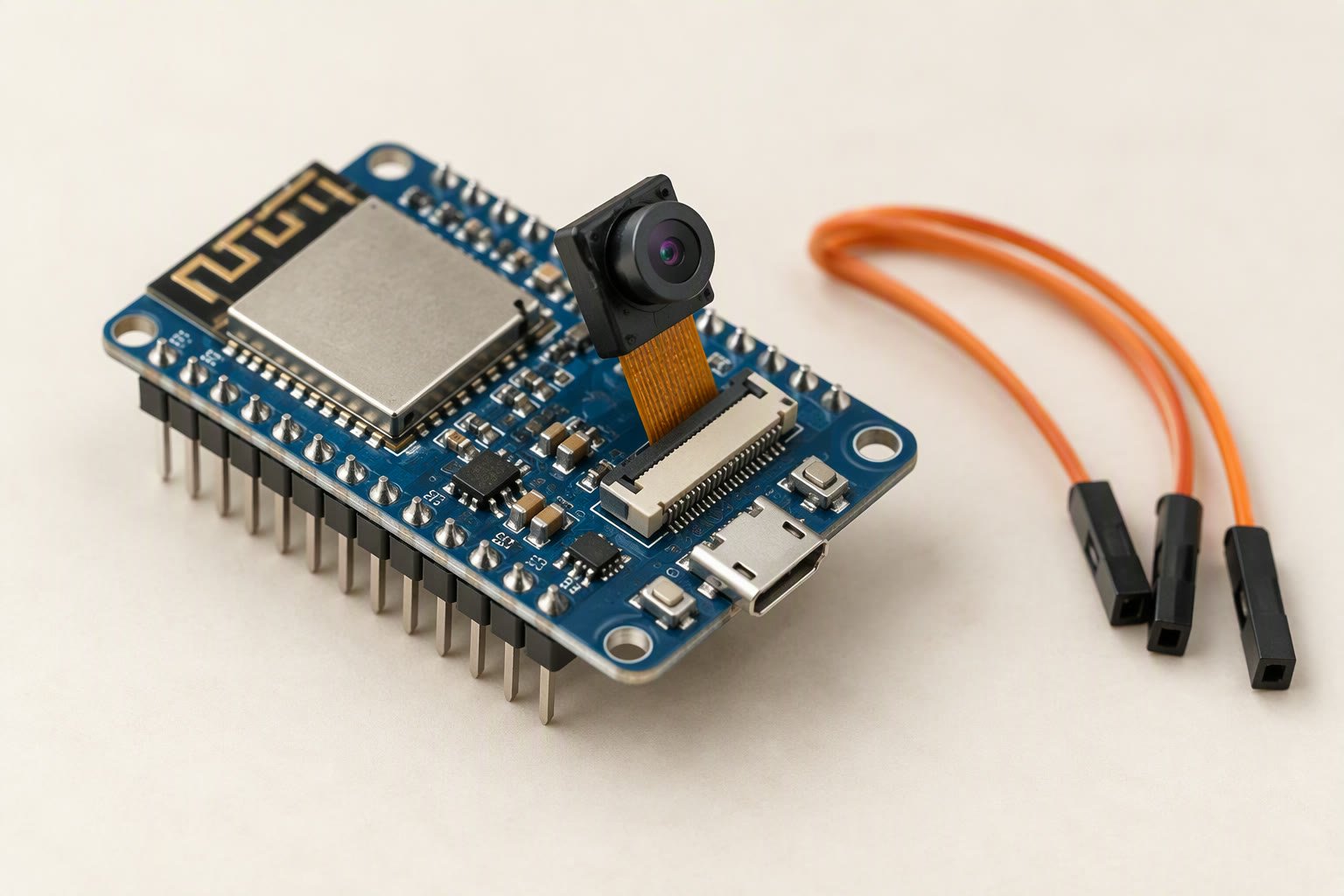 ESP32-CAM board with its small camera module and orange jumper wires on an off-white studio surface