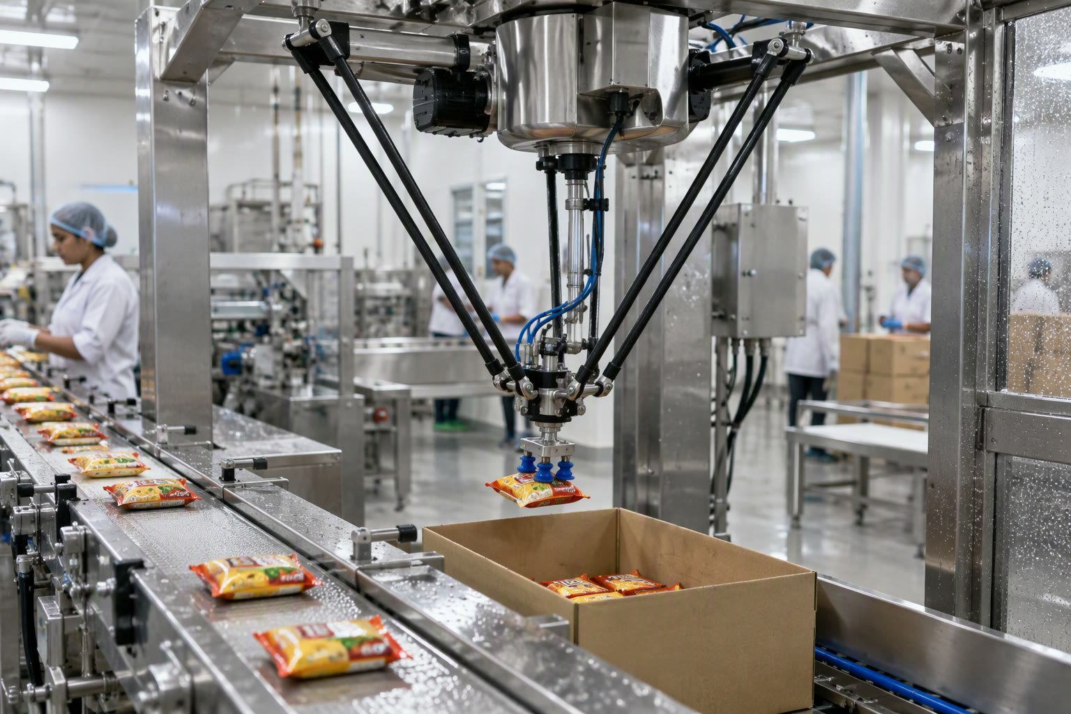 Delta robot picking wrapped food products on a conveyor