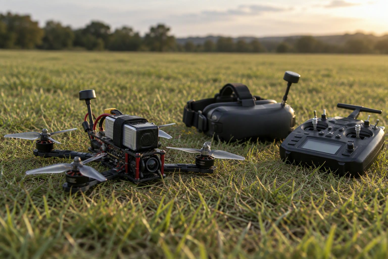 FPV racing drone on grass beside goggles and a radio