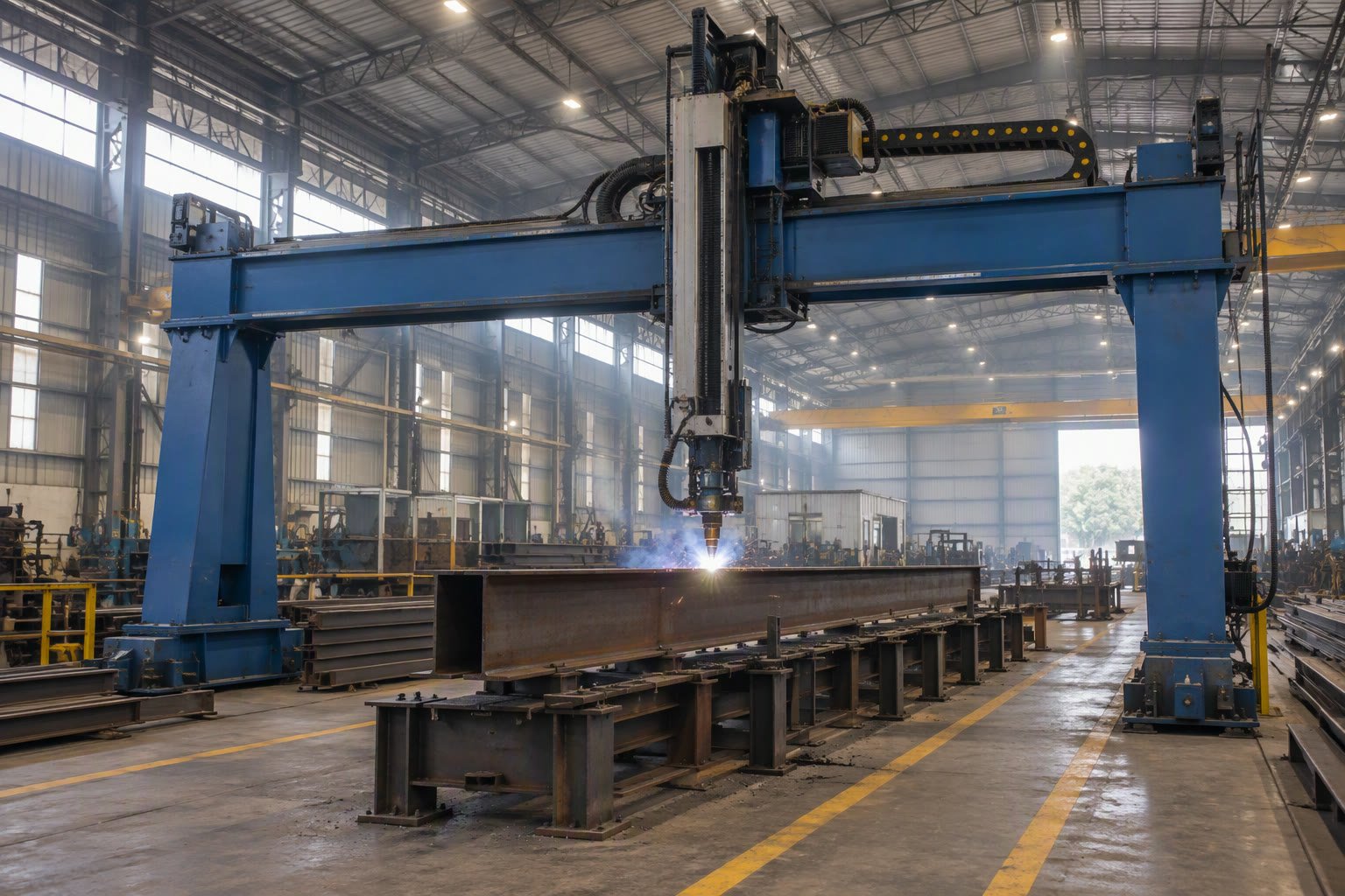 Portal gantry robot spanning a fabrication bay in an Indian factory
