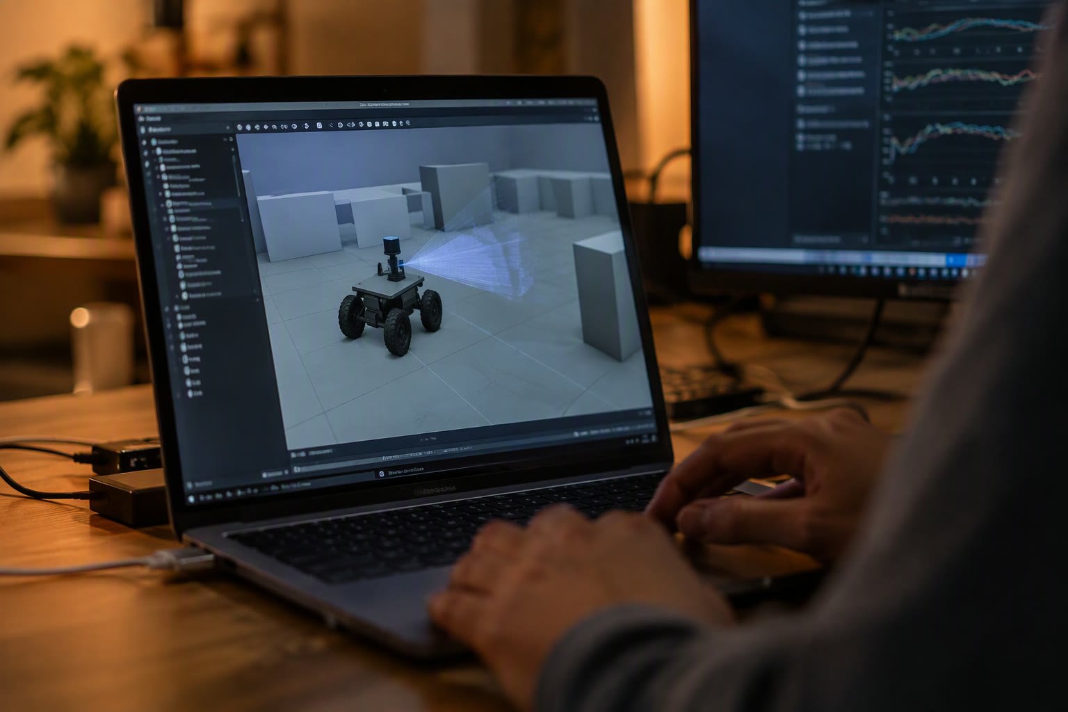 Laptop showing a simulated four-wheeled robot with a lidar in a Gazebo world