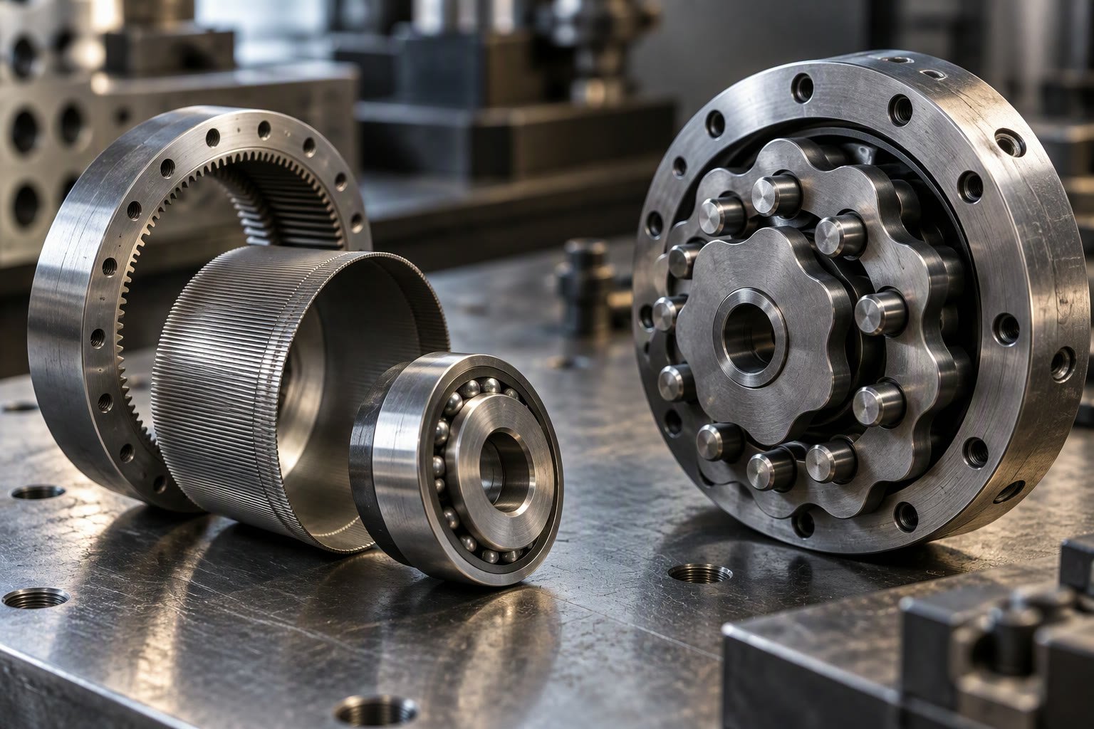 Precision harmonic and cycloidal robot joint reducers on a metal bench