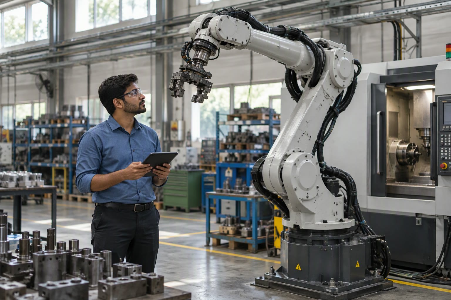 Engineer with a tablet inspecting a six-axis industrial robot beside a CNC machine in an Indian workshop