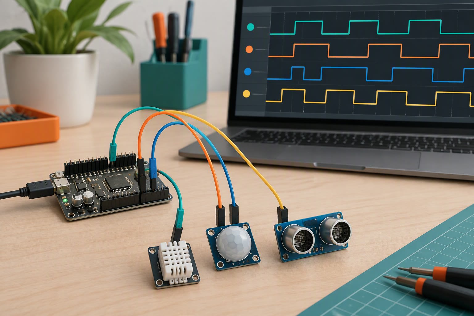 Logic analyser capture of I2C and SPI traffic beside a microcontroller