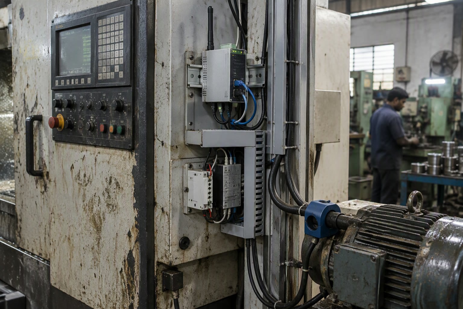 Retrofit IIoT gateway mounted beside an older CNC control cabinet with neatly routed cables