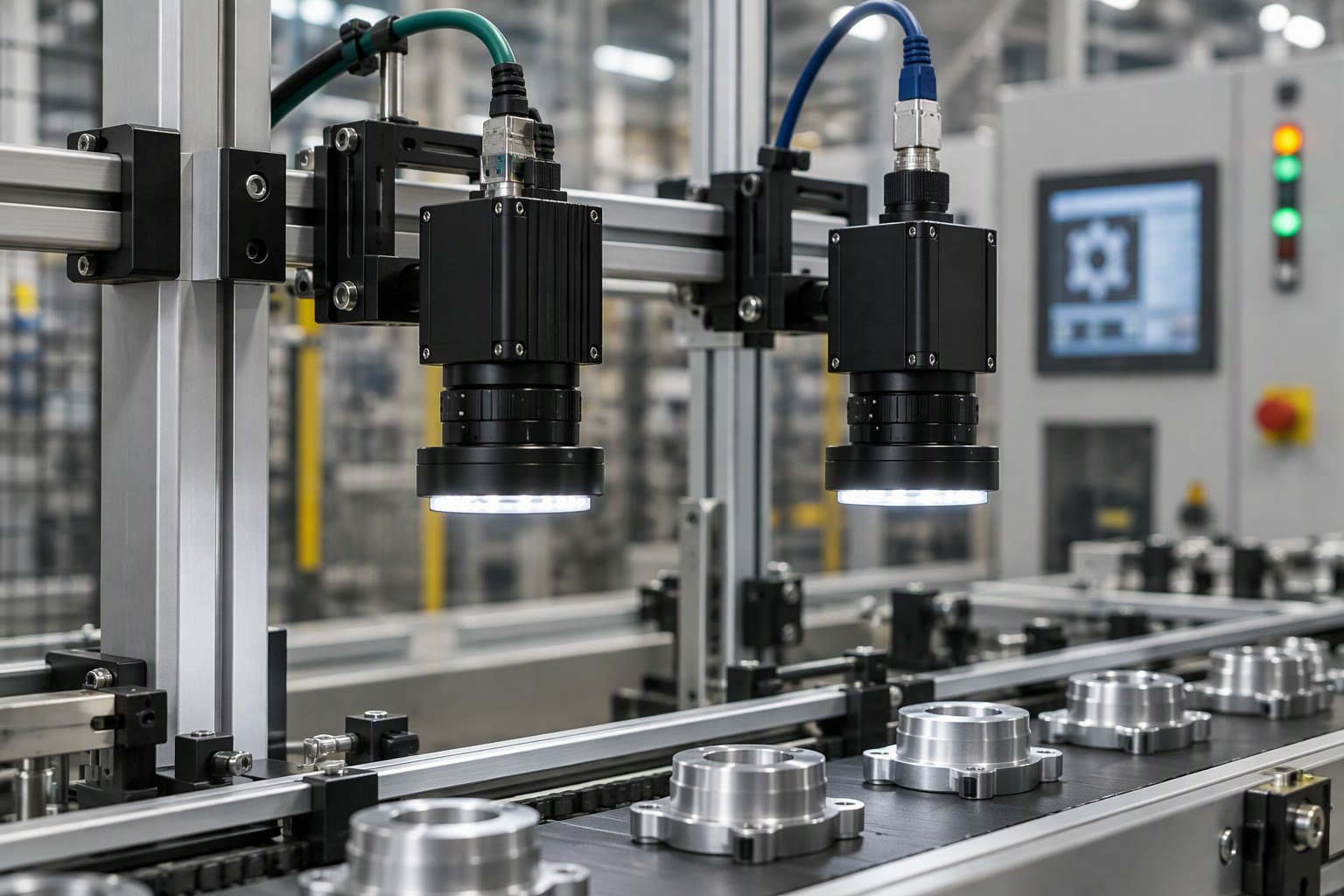 Industrial GigE and USB3 machine vision cameras with cables on a workbench