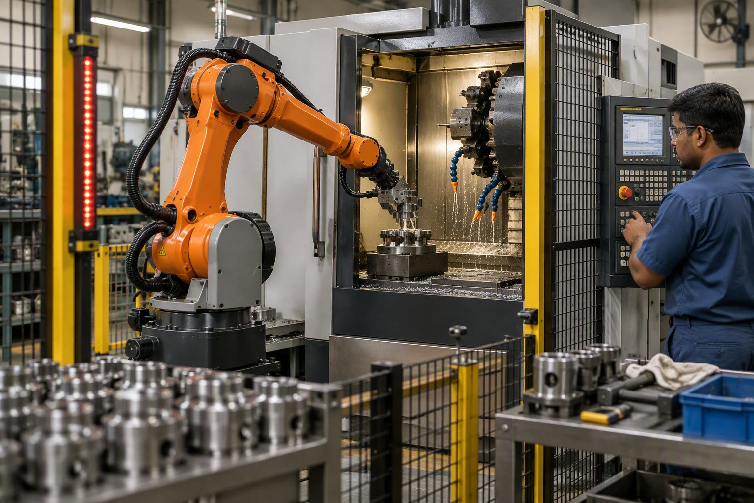 Six-axis industrial robot arm tending a CNC machine in an Indian machine shop