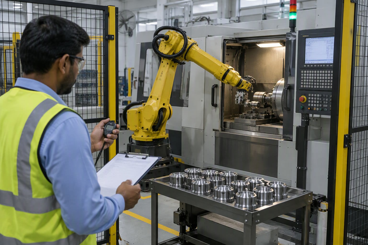 Industrial robot tending a CNC machine while an engineer times the cycle
