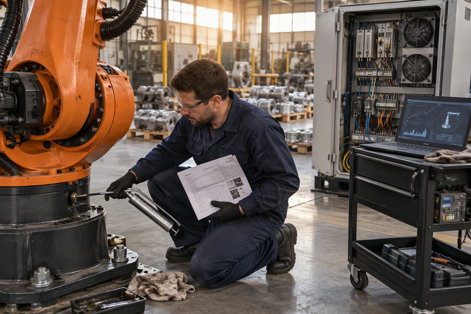 Maintenance engineer inspecting a robot arm and control cabinet