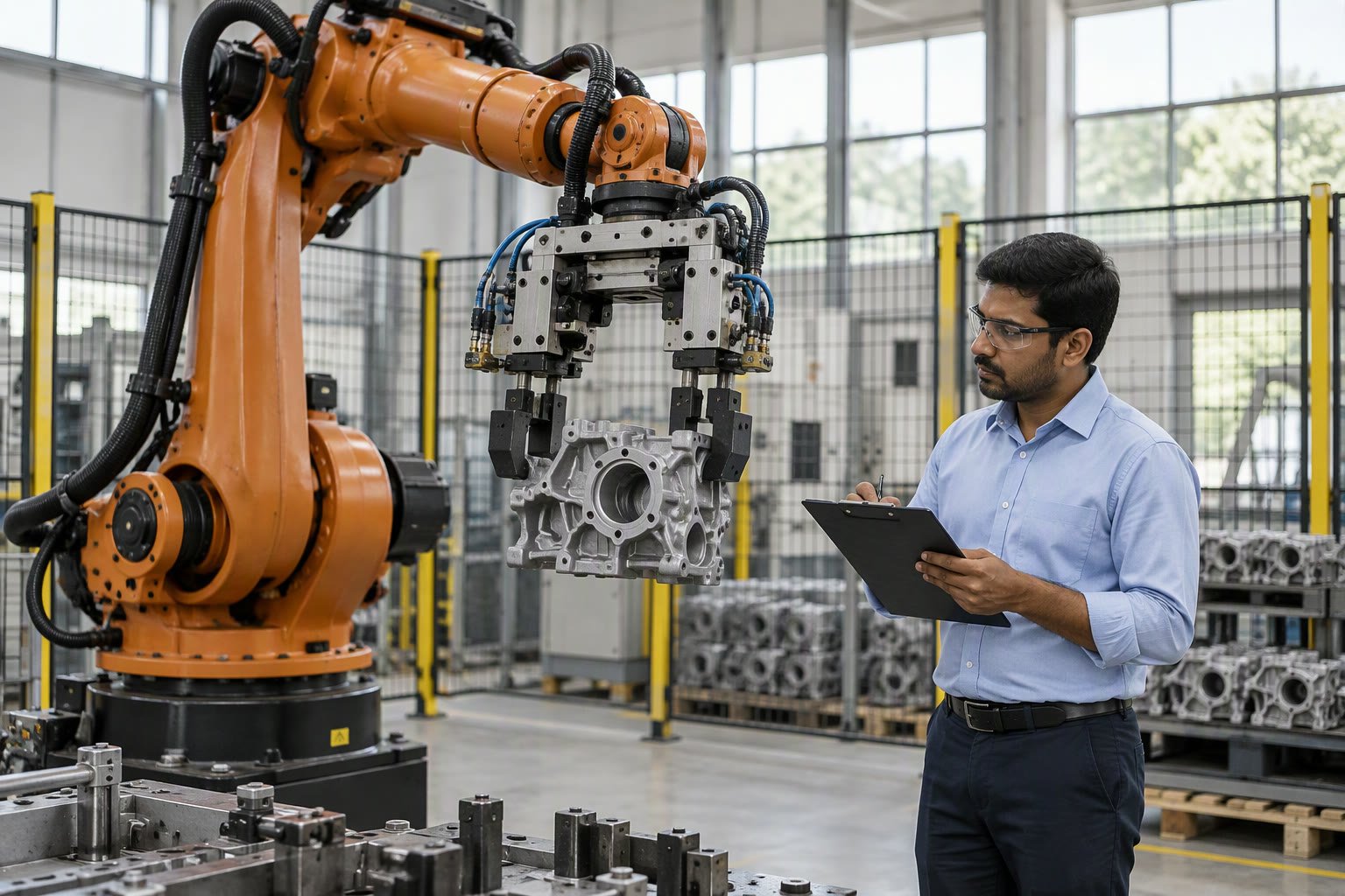 Industrial robot arm with a heavy gripper holding a metal casting in a factory cell