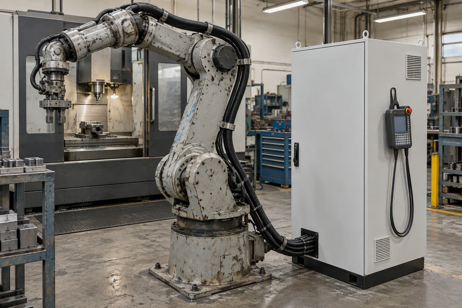 Older industrial robot arm with a newly fitted control cabinet