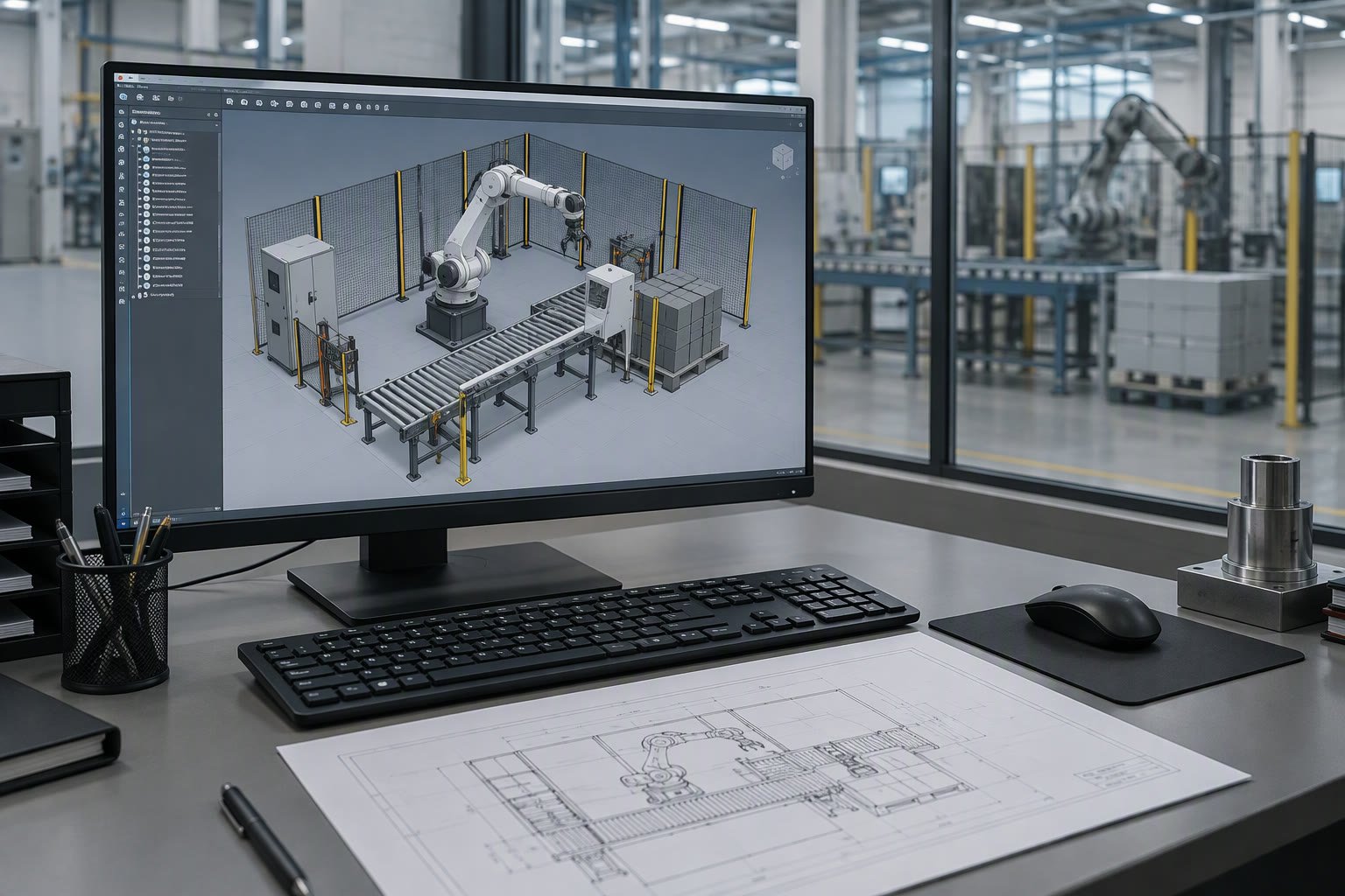 Offline robot simulation on a workstation showing a cell layout with a six-axis arm