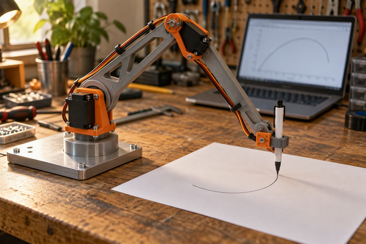 Small two-link robot arm drawing an arc on paper on a workbench